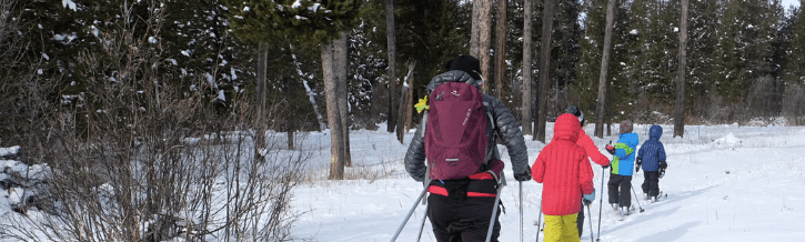 Mother skiing with her children