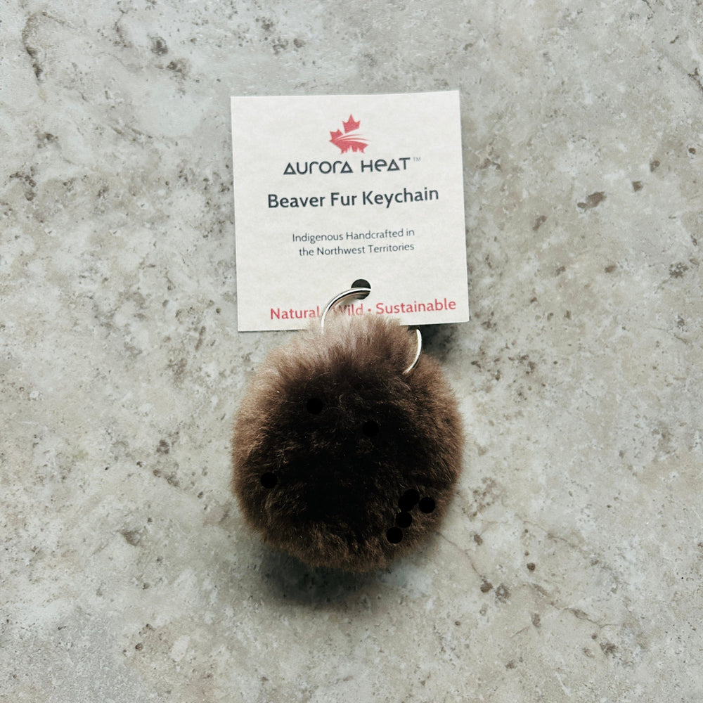 Keychain with a furry round attached to keys on a textured surface