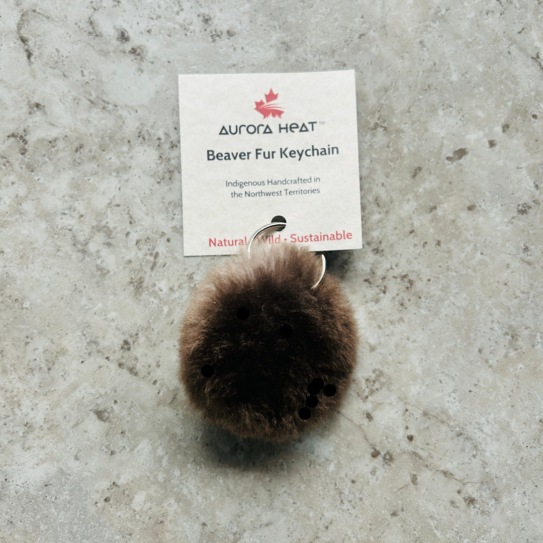 Keychain with a furry round attached to keys on a textured surface